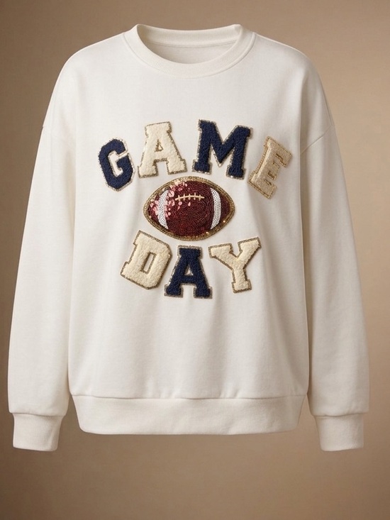 BiBi Sweaters - BiBi Cream 'Game Day' Sequin Football Crewneck Sweater